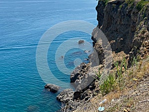 View of white rock cliff and sea