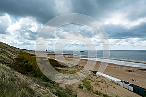 View on white sandy  beach, dunes and water of North sea between Vlissingen en Domburg, Zeeland, Netherlands