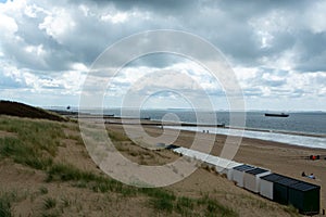 View on white sandy  beach, dunes and water of North sea between Vlissingen en Domburg, Zeeland, Netherlands