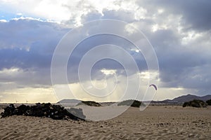 View on white sandy dunes near Corallejo beach at winter, Fuerteventura, Canary islands, Spain