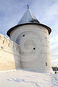 View of white unnamed round tower of Kazan Kremlin photo