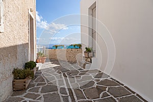 View of the white villas in Piso Livadi, Paros Island, Greece