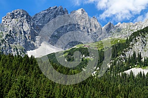 View of Wilder Kaiser Mountains. Austria, Tyrol, Gruttenhuette