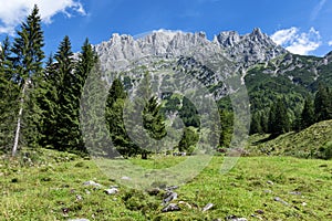 View of Wilder Kaiser Mountains summer alpine landscape, Austria, Tyrol photo