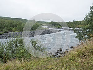 View of winding Tarra river with birch bush, gravel, grass and granite rock. Northern landscape in Swedish Lapland at