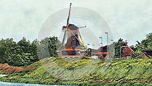 View of a windmill on the riverbank