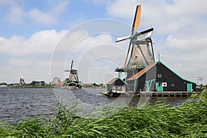 View at the Windmills of Zaanse Schans near Amsterdam in Holland