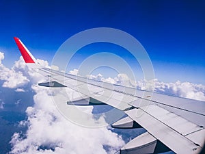 View from window of an airplan during sunst or sunrise