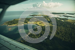 A view from the window of an airplane. Flying over the ground, view over an abyss, flying . Beautiful scenic view of