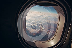 A view from the window of an airplane. Flying over the ground, view over an abyss, flying . Beautiful scenic view of