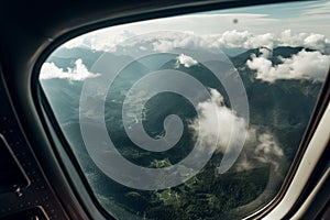 A view from the window of an airplane. Flying over the ground, view over an abyss, flying . Beautiful scenic view of
