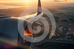 A view from the window of an airplane. Flying over the ground, view over an abyss, flying . Beautiful scenic view of