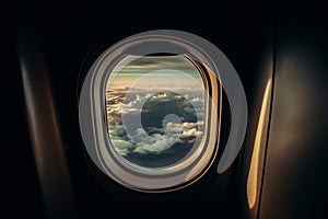 A view from the window of an airplane. Flying over the ground, view over an abyss, flying . Beautiful scenic view of