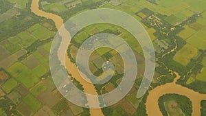 View from the window of an airplane on the Mekong River. Vietnam.