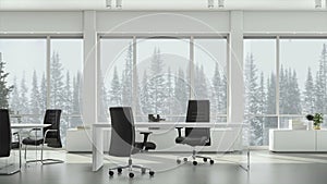 View from window in business office on winter snowfall on background coniferous trees and cloudy sky. Background plate