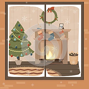 View through window christmas cosy interior with fireplace and christmas tree. Stylish decoration, card, poster or advertising