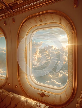 view from the window of an elite private jet with gold interior trim. vertical orientation