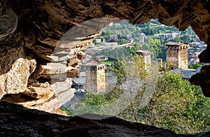 View from the window of fort tower koki on georgian town Mestia. Georgia, Svaneti