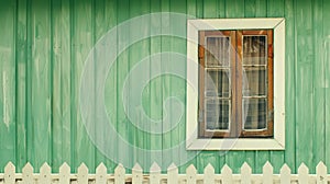 A view through a window of a green wall with a white picket fence