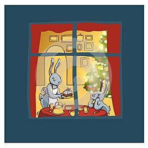 View through a window on the interior of a Christmas living room with the Christmas tree and two rabbits having teatime with