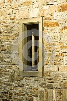 View into the window of a medieval plant tower sandstone castle