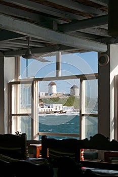 View from a window of the mills in Mykonos, Greece