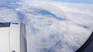 View from the window of a passenger plane flying over the clouds. Look out the window of the airliner. The concept of