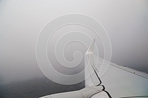 View from the window of the plane in bad non-flying weather. Turbulence in flight.