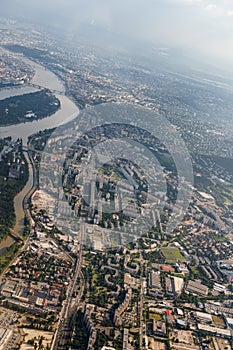 View from the window of a plane on the modern buildings of Budapest, Hungary