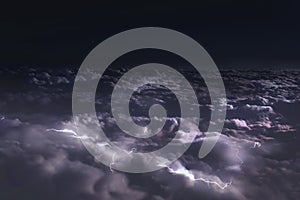 View from the window of the plane to the clouds at night and flashes of lightning.