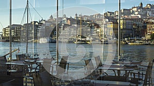 View from the window of the restaurant embankment Ribeira in old town of Porto