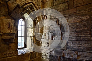 View of a window in a stone wall in Cliffords Tower. York, UK. May 25, 2023.