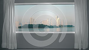 View from the window to metropolis with skyscrapers and park. Background Plate, Chroma Key Video Background