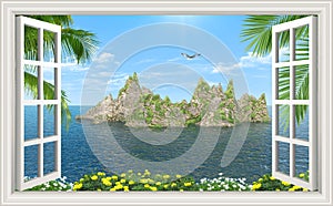 View from the window to the ocean and mountainous island 3d rendering