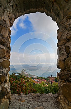 View through window in tower. Sighnaghi city wall Georgia