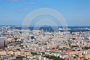 The view from the window of the tower skyscraper in Moscow city Summer in the city. Sunny day