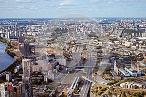 The view from the window of the tower skyscraper in Moscow city. Summer in the city. The view from the observation deck of Moscow