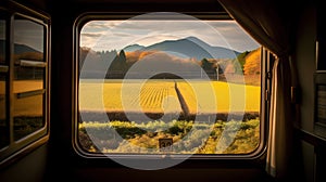 View from the window of the train. Colorful autumn landscape.