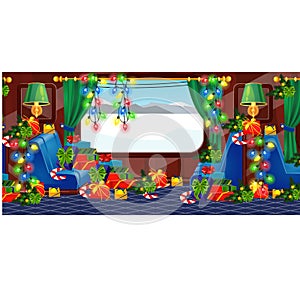 View from window of a train decorated in Christmas style. Gift boxes with ribbon bow. Holiday trip and travel. Sample of