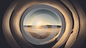 view from the window a view of the sun through a hole in a wall