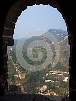 The view through the window of a watchtower on the Great Wall