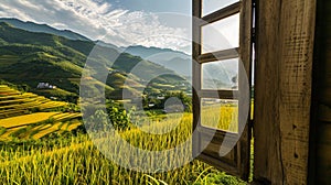 view from window at a wonderful landscape nature view with rice terraces . Ai Generative