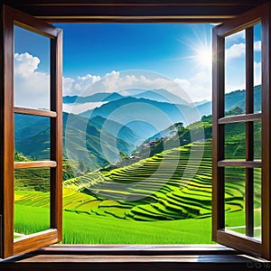 View from window at a wonderful landscape nature view with rice terraces and space for your