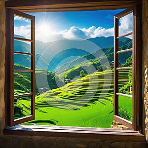 View from window at a wonderful landscape nature view with rice terraces and space for your