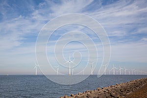 View of windpark in the Dutch Noordoostpolder, Flevoland and the