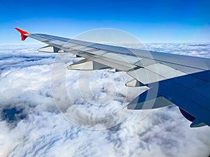 view of the wing of an airplane through the window