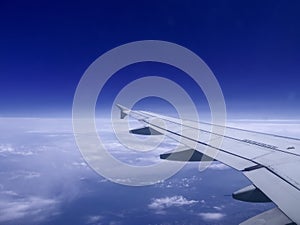 View of the wing of a jet plane and the sky with clouds.