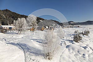 View of the winter Altai, the village of Artybash on the Bank of the Biya river. Altai Republic