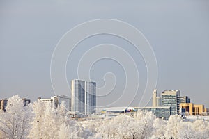 View of the winter city of Krasnoyarsk from the park photo