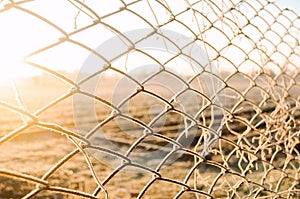 View of a winter farm field through a mesh fence. Beautiful sunrise in countryside. Property fencing and cattle barriers. Sunny